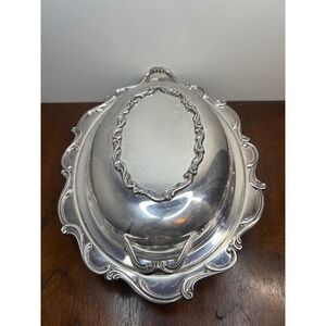 Vintage Silver Plated Oval Covered Serving Dish Scrolled Edge Domed Lid 12x9